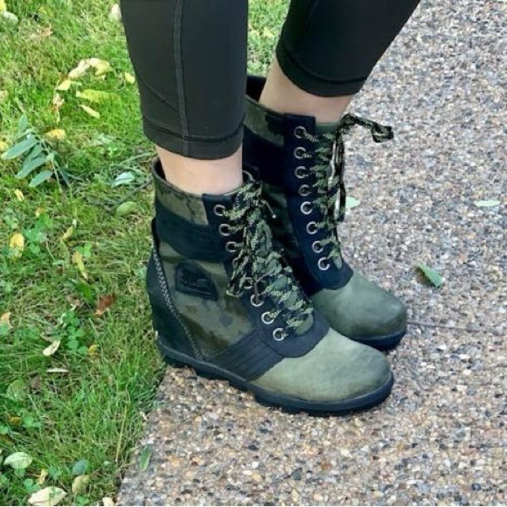 Sorel Lexie Wedge Camouflage Camo Green Hiker Waterproof Leather Boots womens 9 - Picture 15 of 16